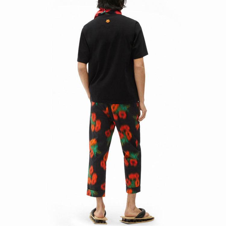 Men's KENZO SS21 Cotton Flowers Printing Pattern Round Neck Short Sleeve Black T-Shirt FB55TS0814SA-99
