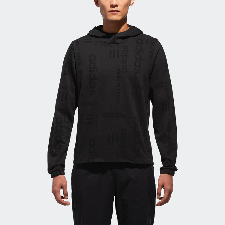 Men's adidas neo Full Print Logo Sports Pullover Hooded Knit Black CV7570