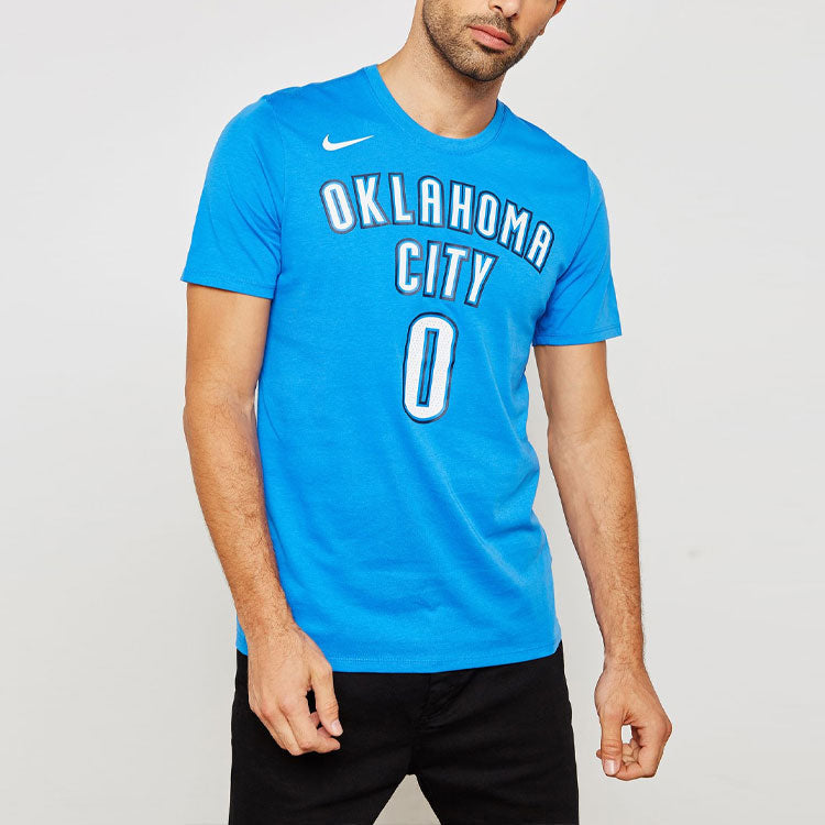 Men's Nike Thunder No. 0 Russell Westbrook Casual Sports Breathable Basketball Short Sleeve Blue T-Shirt 870796-403