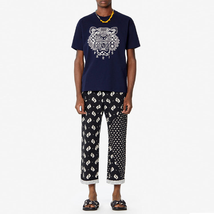 Men's KENZO Ikat Tie Dye Tiger Head Embroidered Short Sleeve Midnight Blue T-Shirt FA55TS0854YK-77