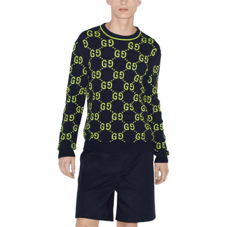 Gucci GG Cotton Jacquard Crewneck Sweater 'Navy Lime Green' 791043-XKD35-0401
