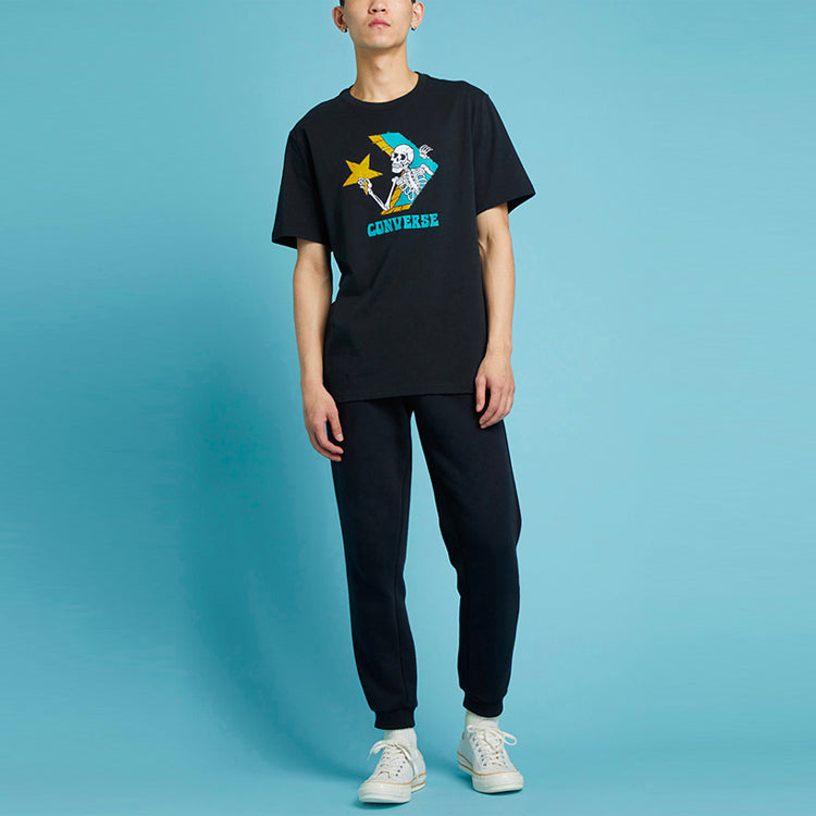 Men's Converse Skeleton Cartoon Printing Knit Round Neck Short Sleeve Black 10022195-A02
