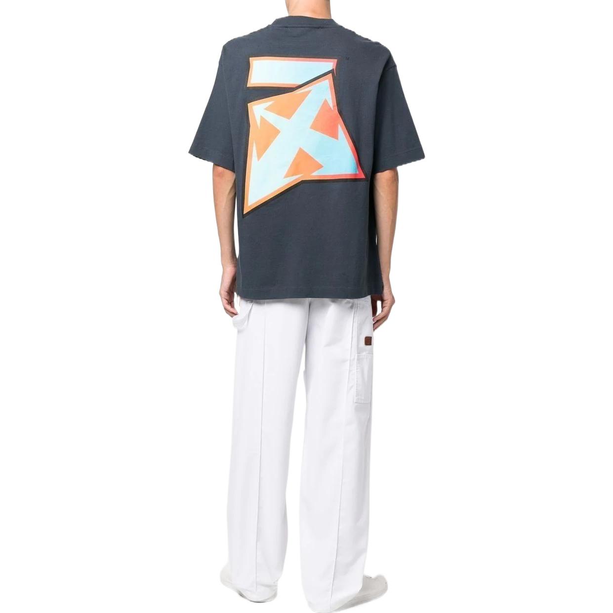 Men's Off-White FW22 Pattern Printing Round Neck Short Sleeve Loose Fit Navy Blue T-Shirt OMAA120F22JER0034641