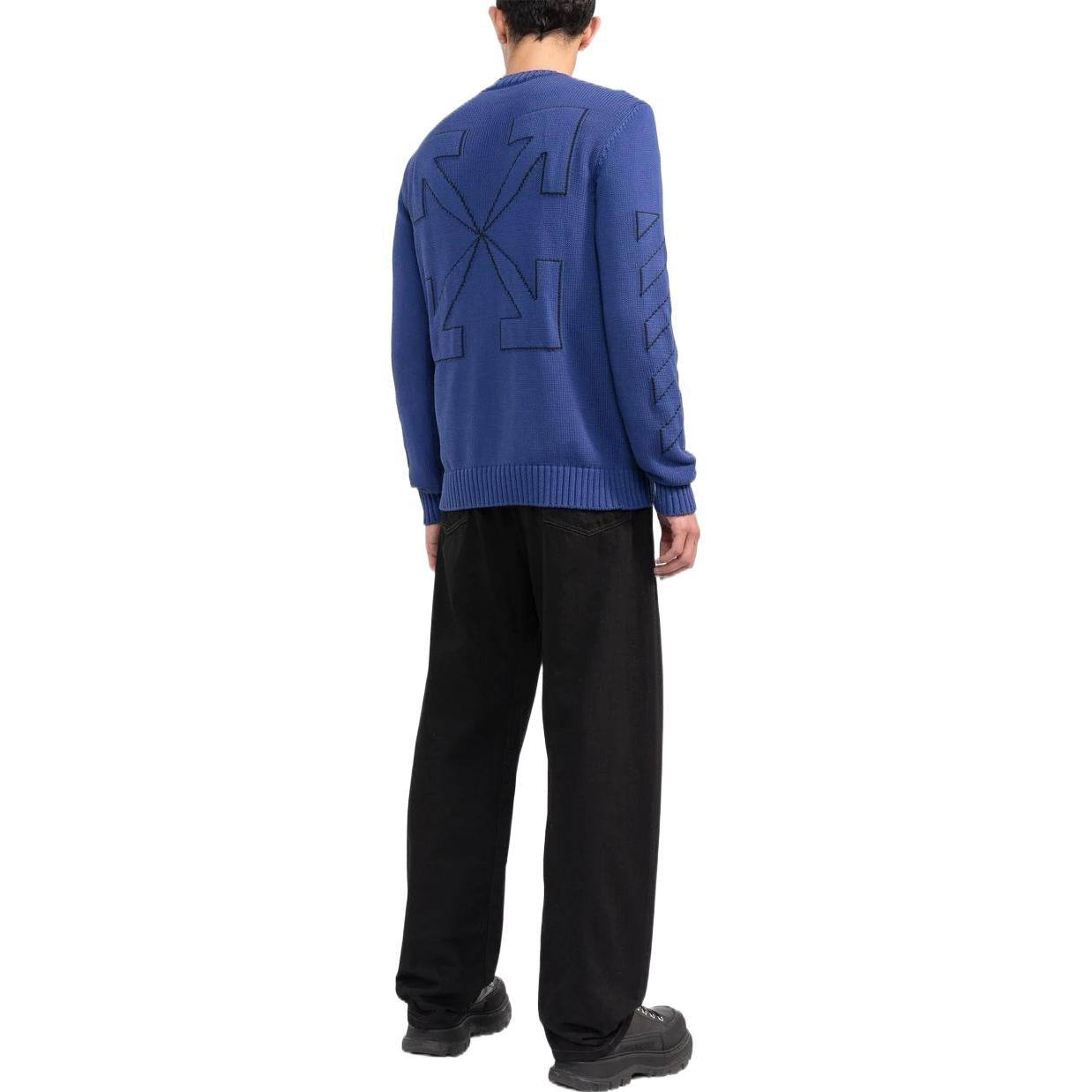 Men's Off-White FW22 Solid Color Logo Embroidered Round Neck Pullover Long Sleeves Wool Sweater Blue OMHE087F22KNI00145464546