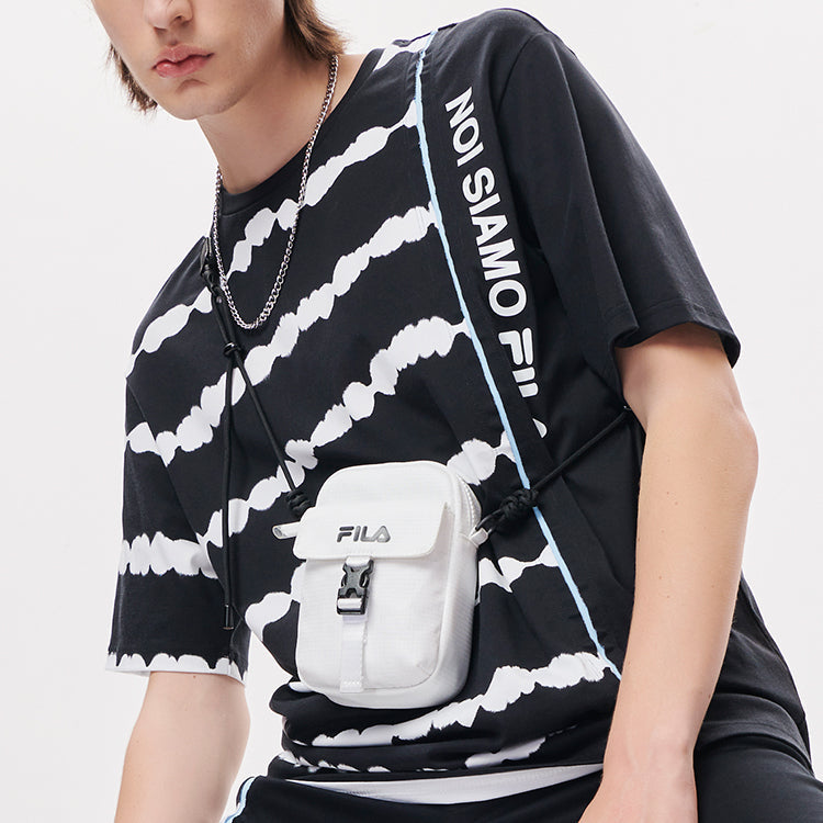 Men's FILA FUSION Tie Dye Printing Irregular Splicing Loose Knit Short Sleeve Black White T-Shirt T11M131105F-BK