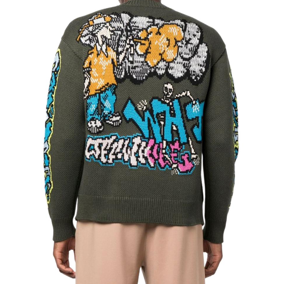 Men's Off-White FW22 Intarsia Knit Long Sleeves Wool Sweater Green OMHE136F22KNI00156845684