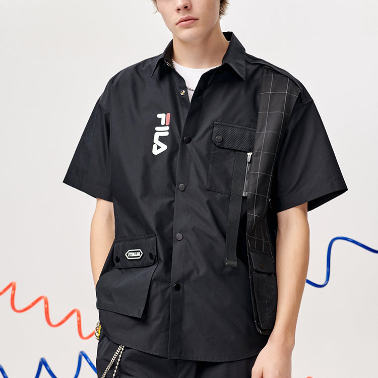 Men's FILA FUSION Multiple Pockets Splicing Short Sleeve Shirt Black T11M123403A-BK