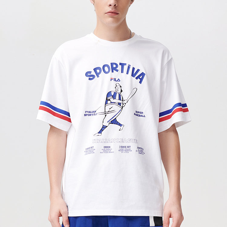 Men's FILA FUSION Baseball Printing Sports Loose Round Neck Short Sleeve White T-Shirt T11M122110A-WT