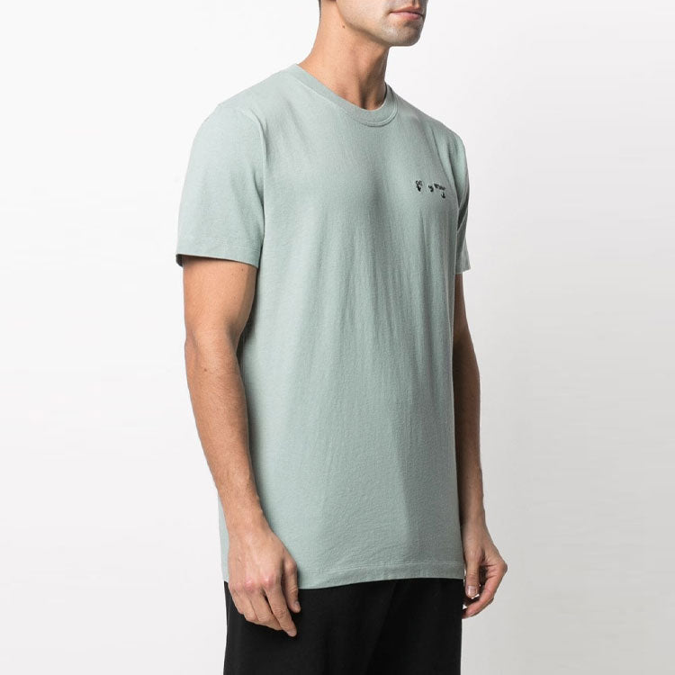 Men's Off-White Logo Embroidered Cotton Short Sleeve Green T-Shirt OMAA027R21JER0015010