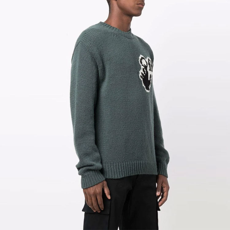 Men's Off-White FW21 Chest Intarsia Knit Logo Round Neck Long Sleeves Wool Sweater Loose Fit Green OMHE085F21KNI0015510