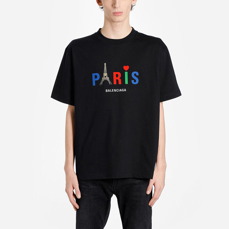 Men's Balenciaga Paris Love Regular T-Shirt Printing Short Sleeve Black 594579TGV431000
