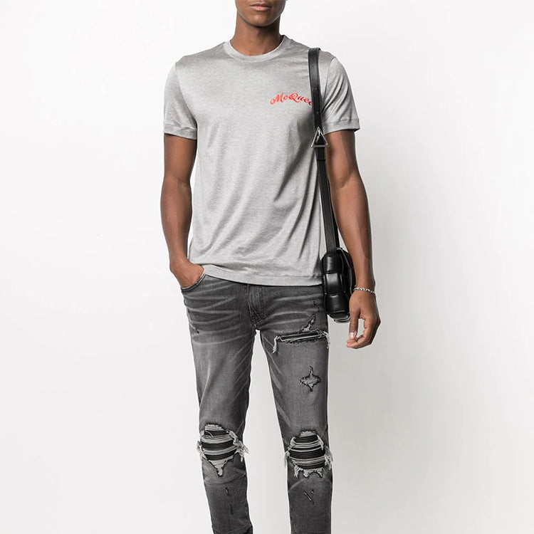 Men's Alexander McQueen Logo Alphabet Pattern Short Sleeve Gray 624180-QPX01-1200