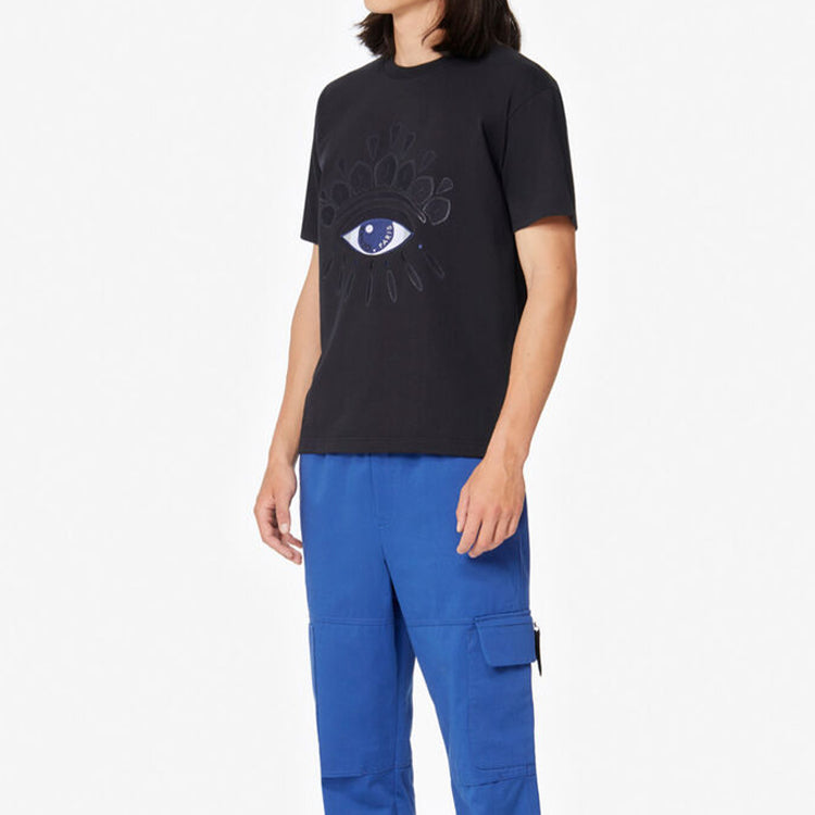 Men's KENZO Eye Embroidered Pattern Cotton Round Neck Short Sleeve Black FA5-5TS086-4YM-99