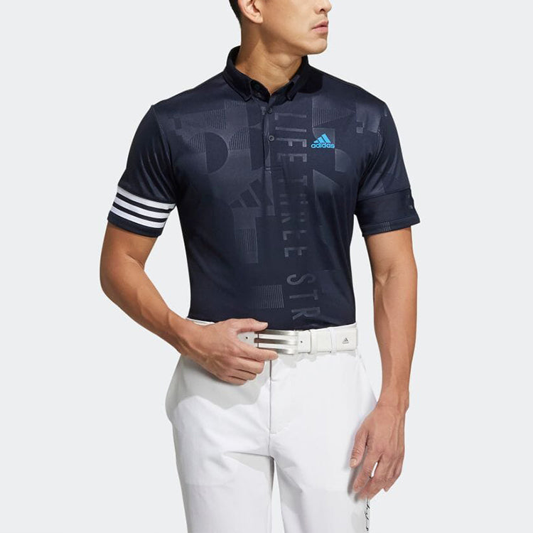 adidas Stripe Printing Logo Short Sleeve Button Polo Shirt Blue HA0227