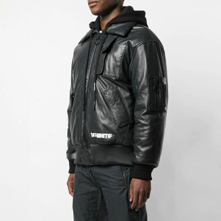 Men's Off-White Logo Printing Pattern Leather Aviator Jacket Black OMJA027E199830140801