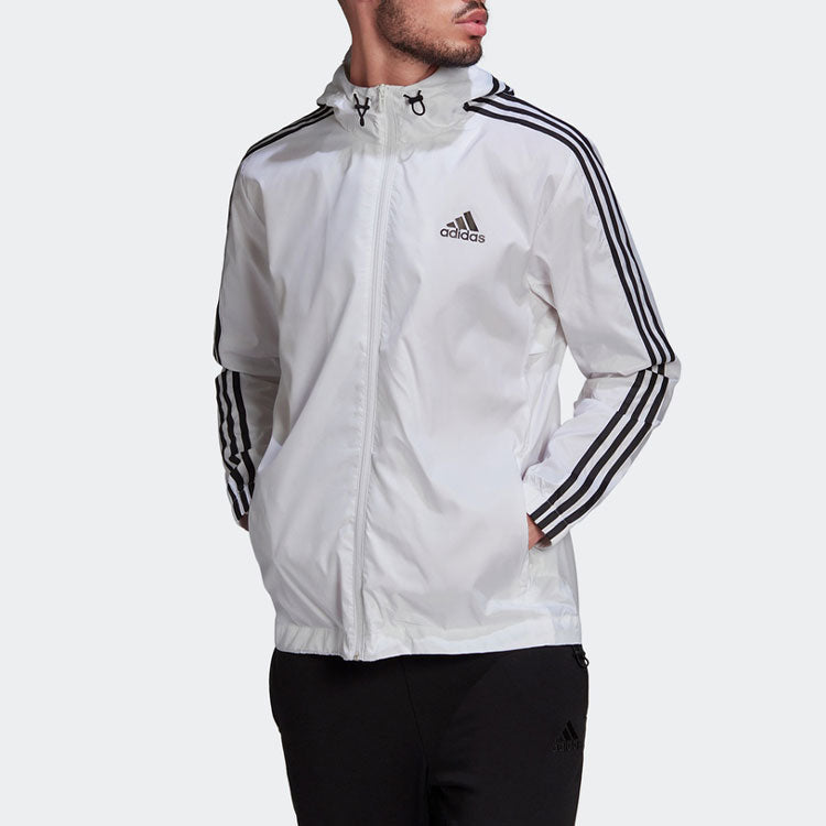 adidas Stripe Logo Micro Mark Printing Sports Training Hooded Jacket White HE4320