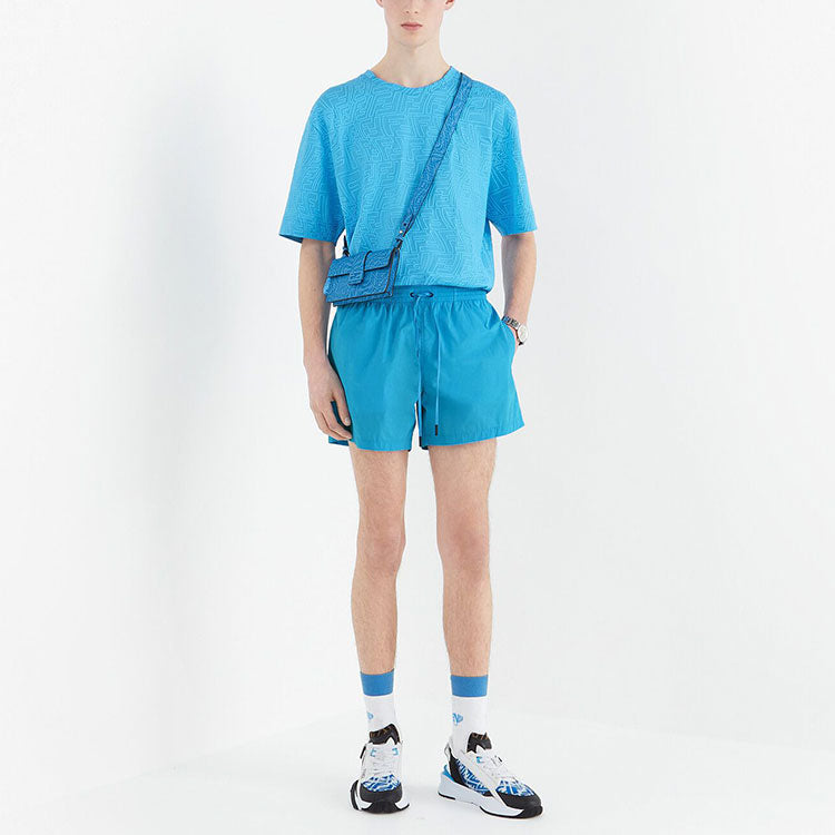 Men's FENDI FW21 F Pattern Printing Round Neck Short Sleeve Light Blue T-Shirt FY0936AGABF1DO8