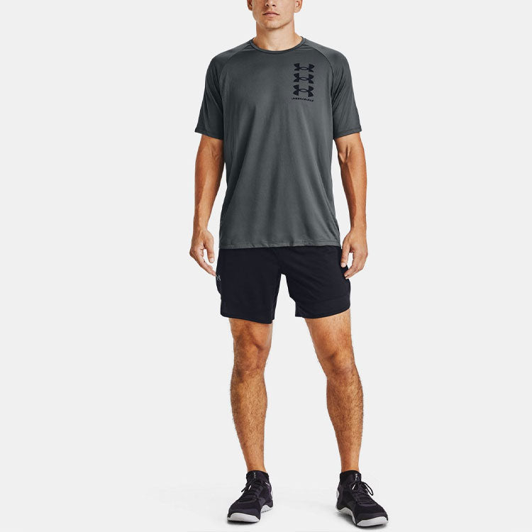 Men's Under Armour Tech Triple Logo Printing Sports Round Neck Short Sleeve Gray 1361504-012