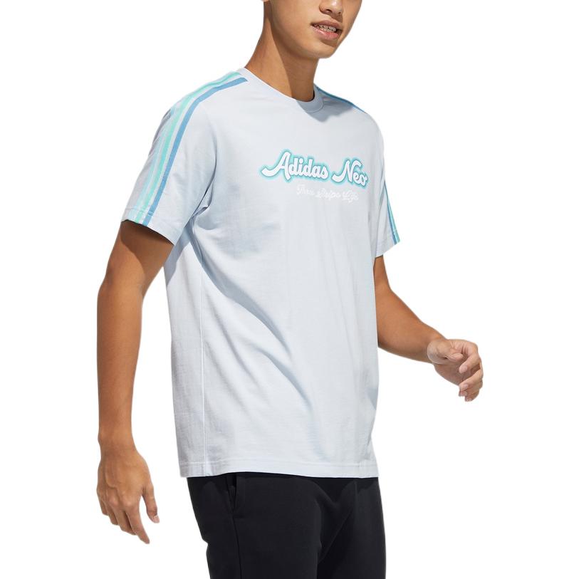 Men's adidas neo Solid Color Stripe Alphabet Round Neck Casual Short Sleeve Light Blue T-Shirt GP5664