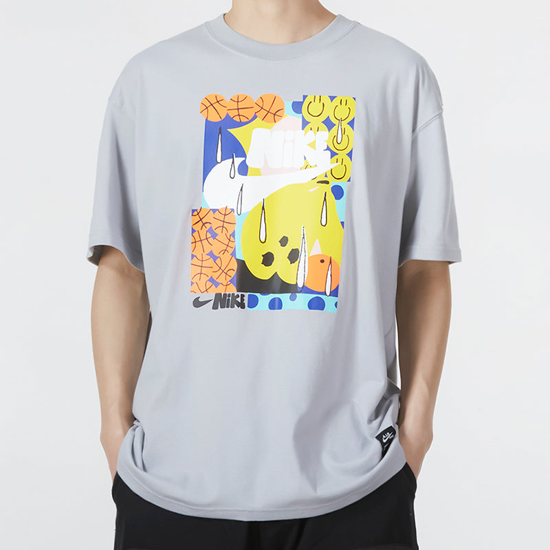 Men's Nike Smiling Face Basketball Pattern Printing Breathable Sports Short Sleeve Wolf Grey T-Shirt DQ1013-012