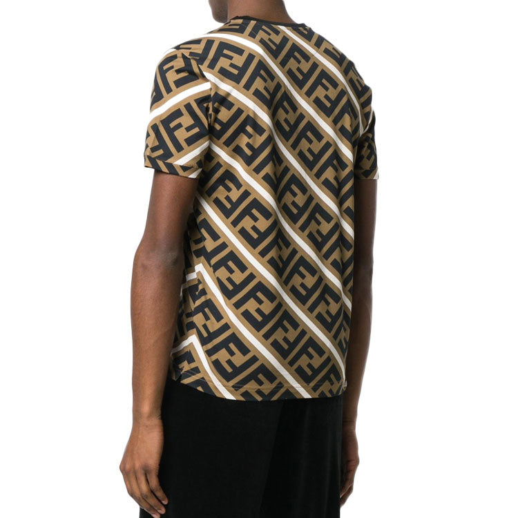 Men's FENDI SS21 FF Pattern Colorblock Printing Short Sleeve Brown T-Shirt FY0894A7A8F13J3