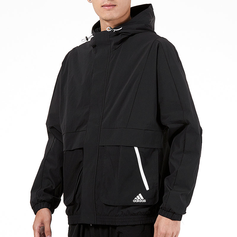 Men's adidas Loose Logo Casual Woven Windproof Hooded Jacket Autumn Black H40211