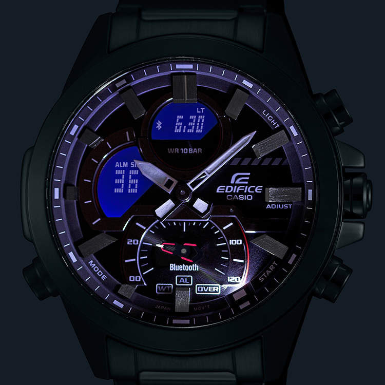 Men's CASIO edifice Series 2022 Luminous Stainless Steel Silver Strap Black Dial 100m Waterproof Watch Analog Mens ECB-30D-1A