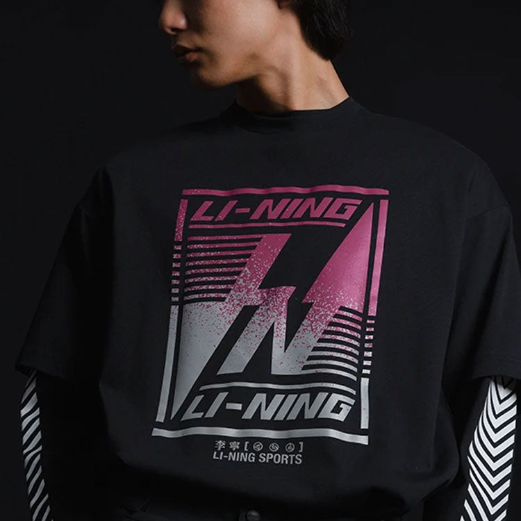 Li-Ning Pattern Printing Loose Round Neck Short Sleeve 'Black' AHSS127-2