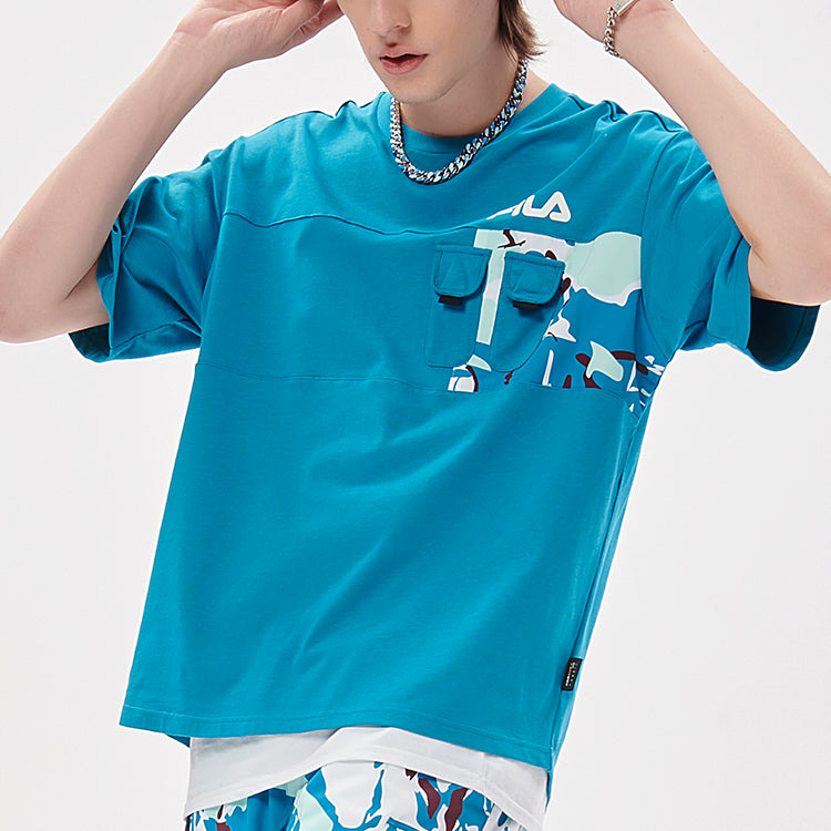 Men's FILA FUSION Pocket Patchwork Print Loose Sports Round Neck Short Sleeve Green T11M133107F-BU
