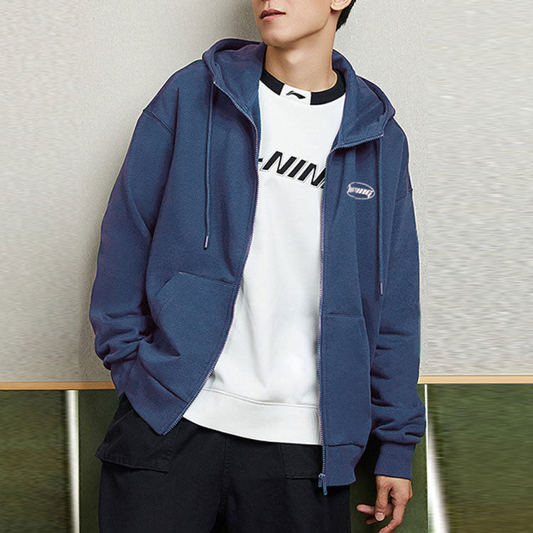 Li-Ning Sports Fashion Series Logo Printing Fleece Lined Stay Warm Zipper Jacket 'Blue' AWDPD23-16