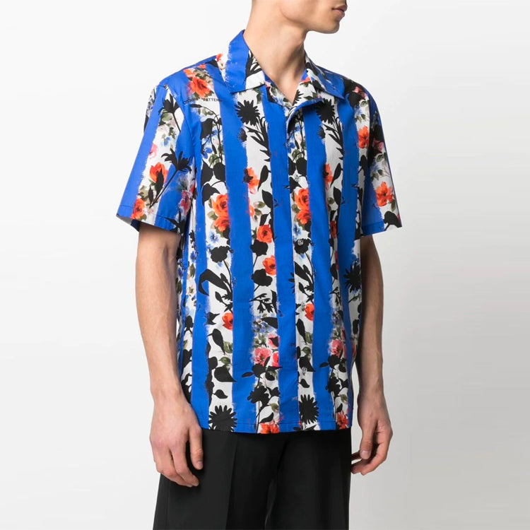Off-White SS21 Flowers Printing Stripe Short Sleeve Shirt Version Blue OMGA163S21FAB0068400