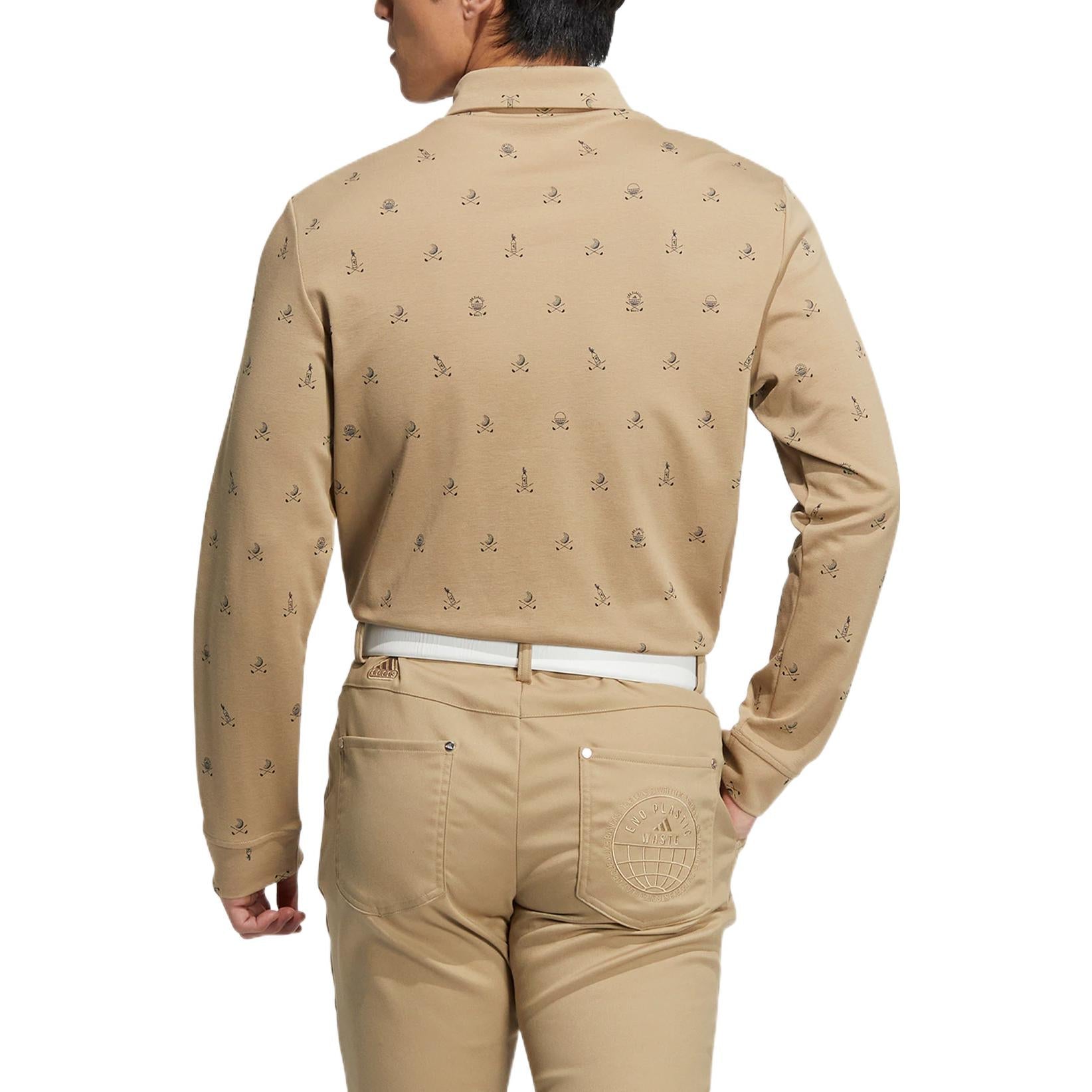 Men's adidas Solid Color Full Print Pattern Long Sleeves Hemp Color Polo Shirt HI5100