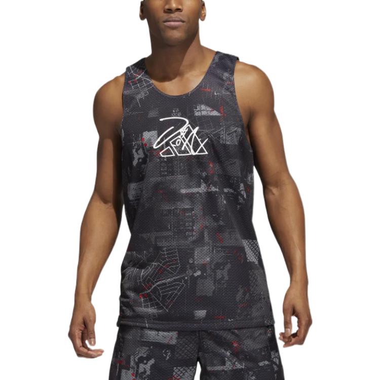 Men's adidas Geometry Pattern Logo Printing Straight Sports Black Vest HE6377