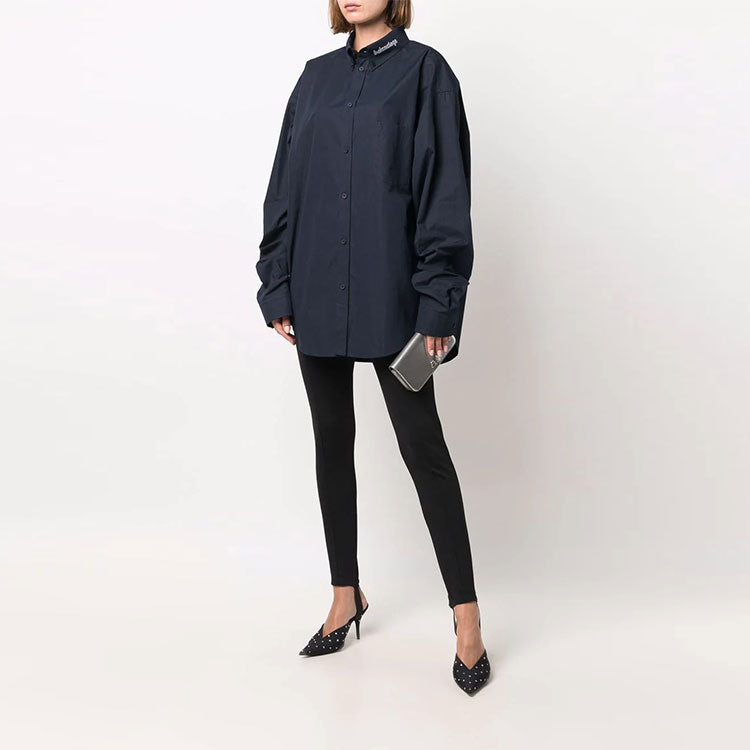 Balenciaga Logo Collar Long Sleeve Button Down Shirt 'Navy' 671586TYB184100
