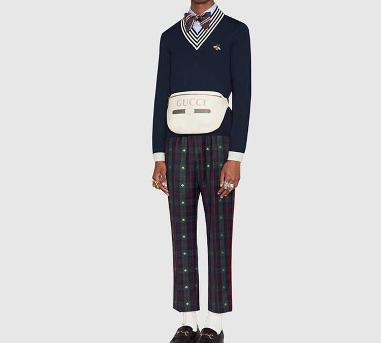 Gucci Men's Bee Pattern V-Neck Wool Sweater Blue 496442-X9I00-4650