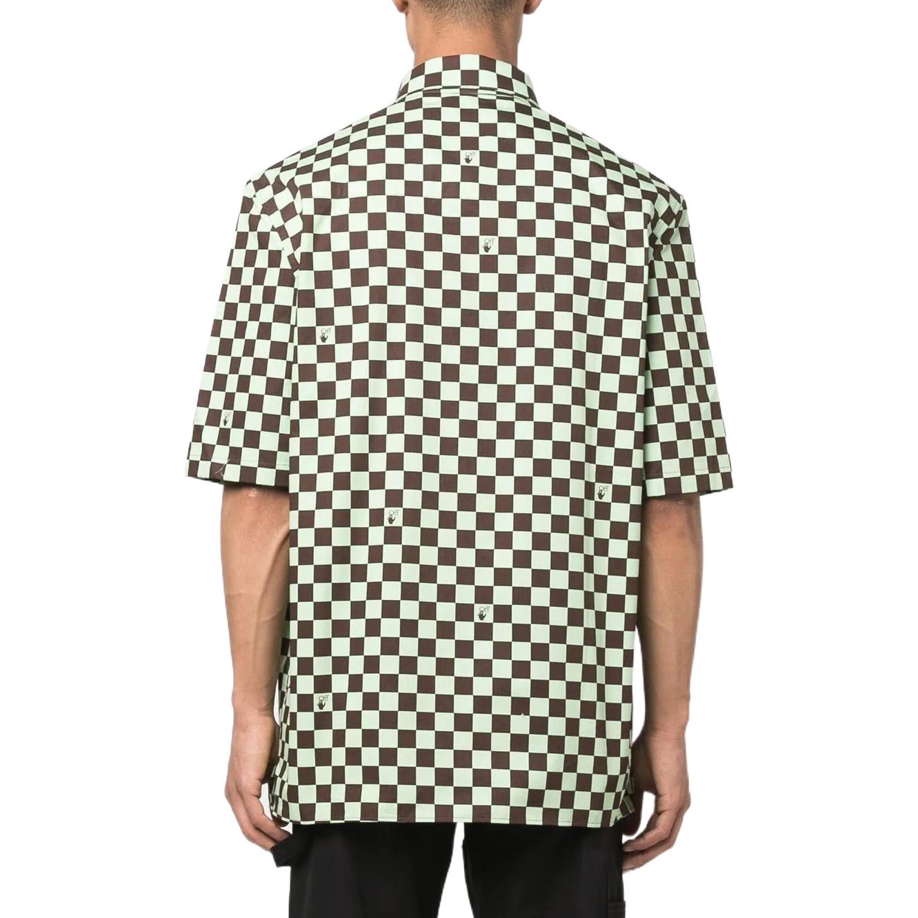 Men's Off-White SS22 Plaid Full Print Lapel Short Sleeve Loose Fit Green Shirt OMGA216S22FAB0026450