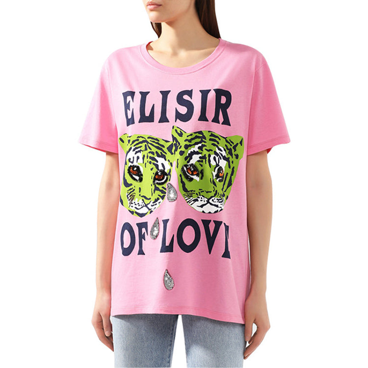(WMNS) Gucci Cotton Tiger Print Short Sleeve Pink 492347-XJBHQ-5901