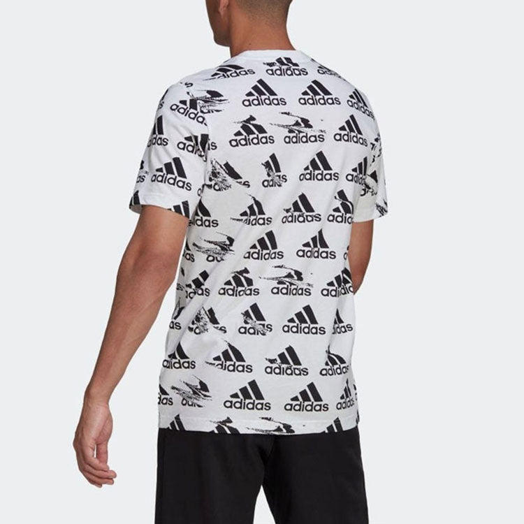 Men's adidas Logo Full Print Round Neck Pullover Short Sleeve Japanese Version White T-Shirt HE1786