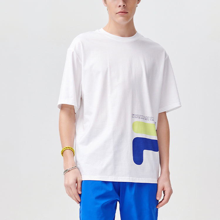 Men's FILA FUSION Contrasting Colors Logo Printing Loose Knit Sports Short Sleeve White T11M122114F-WT