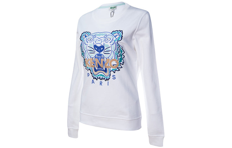 (WMNS) KENZO Tiger Head Round Neck Long Sleeves Hoodie White FA52SW7194U9-01