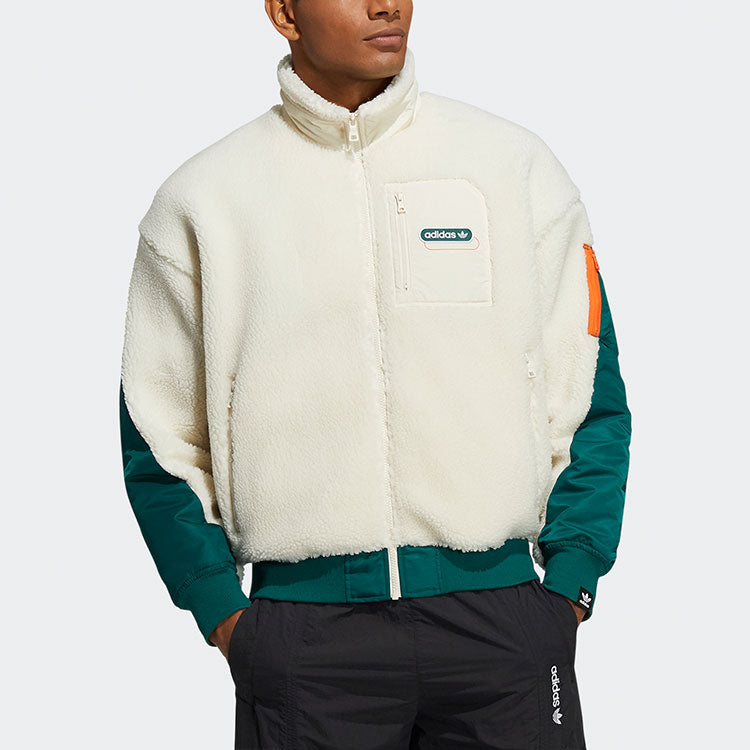 Men's adidas originals Mr Sherpa Jkt Suede Splicing Stand Collar Logo Sports Jacket Yellow White HC0373