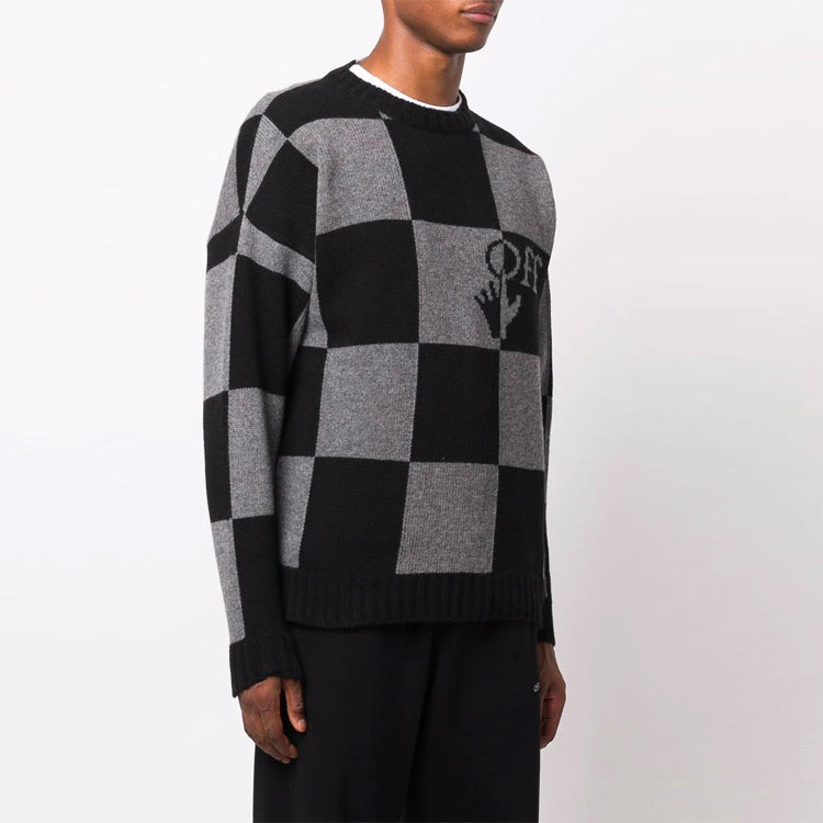Men's Off-White FW21 Grid Logo Intarsia Knit Ordinary Version Black OMHE089F21KNI0011010