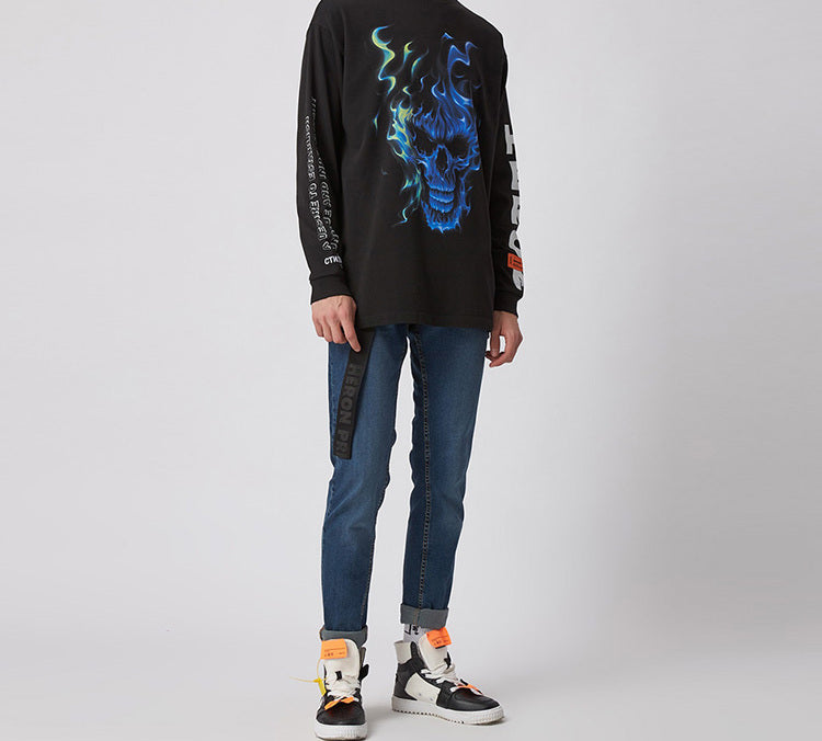 Men's HERON PRESTON Blue Flame Skeleton Printing Long Sleeves Black HMAB002F176000131030