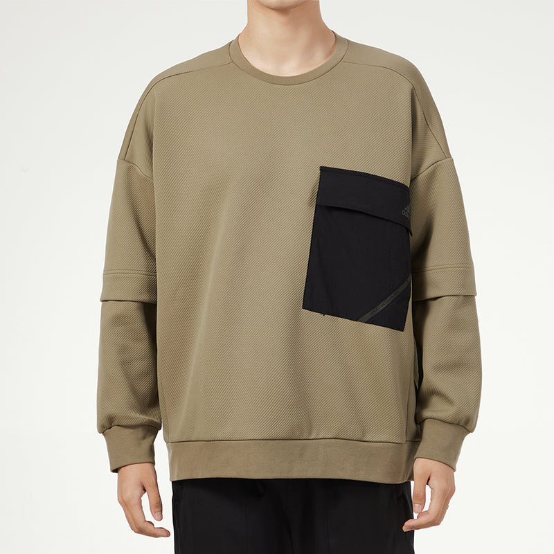Men's adidas Contrasting Colors Pocket Sports Round Neck Pullover Military Green H39348