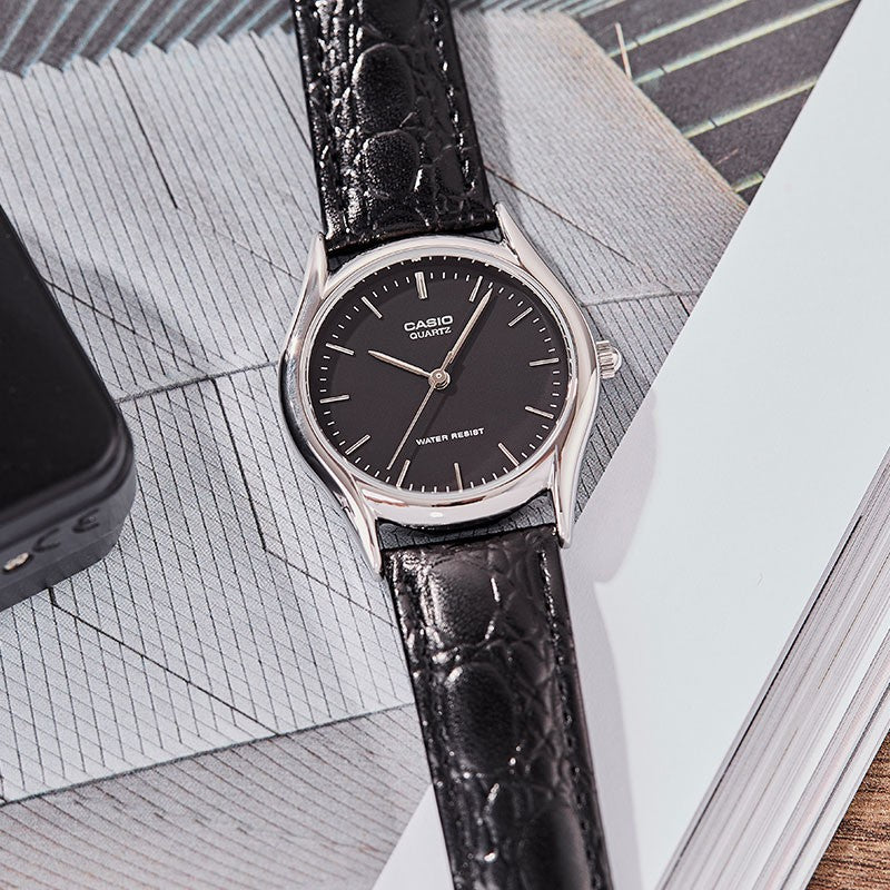 Casio Fashion Analog Watch 'Leather Black Silver' MTP-1094E-1A