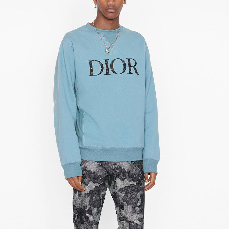 Men's DIOR FW21 Alphabet Printing Round Neck Pullover Blue 143J687A0531-C585