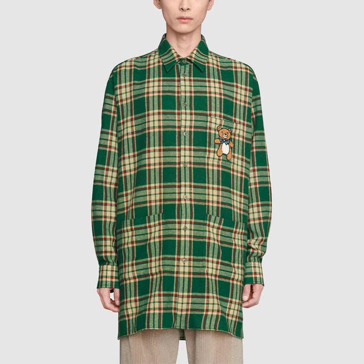 Men's Kai x Gucci Crossover SS21 Bear Pattern Plaid Long Sleeves Green Shirt 660433-ZAG11-3323