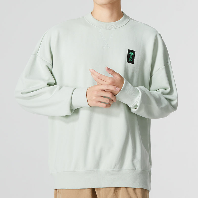 Men's adidas Solid Color Logo Athleisure Casual Sports Pullover Round Neck Green HD1341