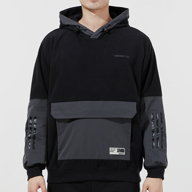 Men's adidas neo Pk Mat Mix Hd Contrast Color Stitching Hooded Pullover Functional Black H45219