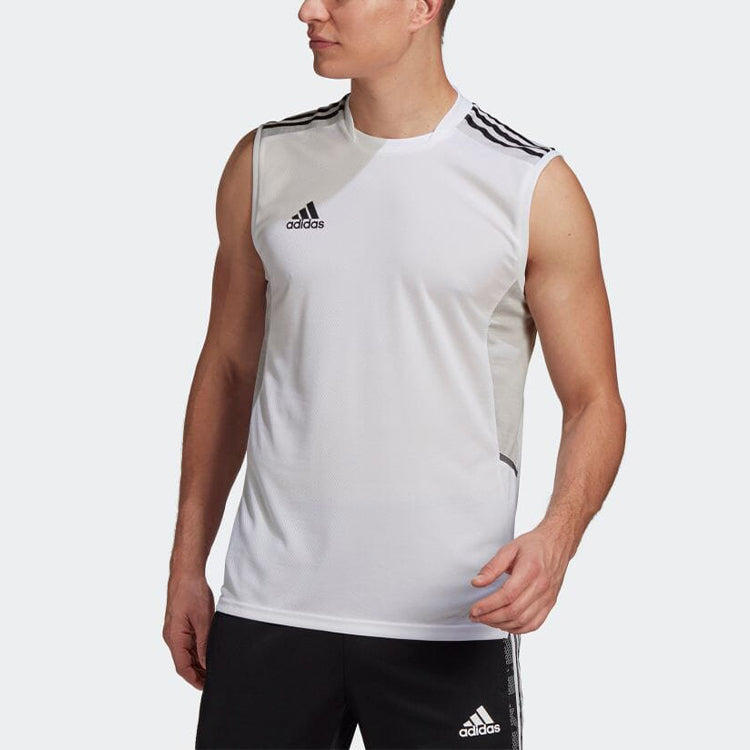 Men's adidas Solid Color Stripe Logo Round Neck Soccer/Football White Vest GH7160